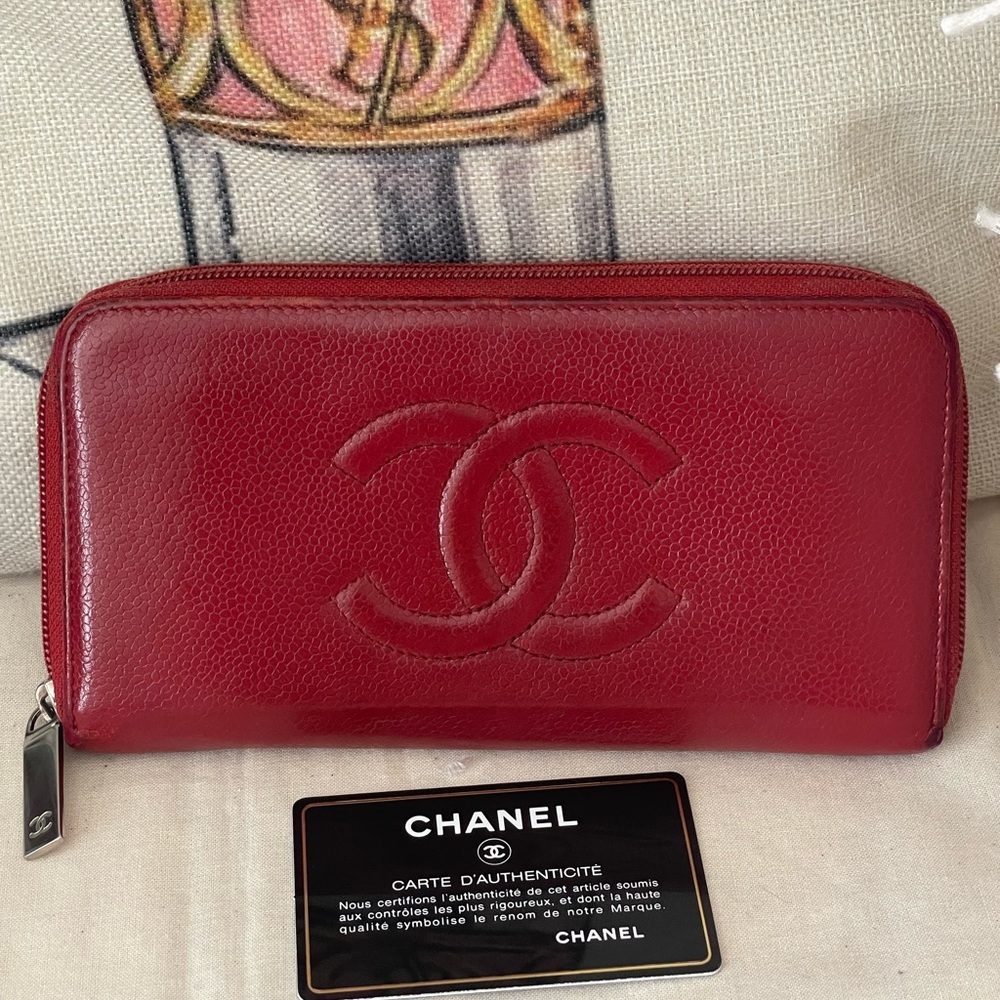 CHANEL Beautiful Caviar Large CC Timeless Zip Around Wallet in Red⭐️W/COA & CARD